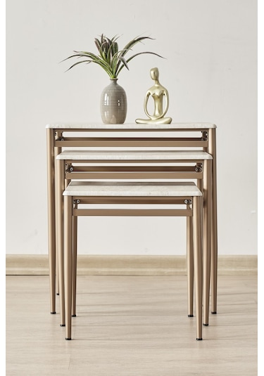 Damrin Serisi Traverten Desen 1. Sınıf Mebran Mdf 3 Lü Zigon Sehpa Takımı Traverten Desen - Bronz Ayak