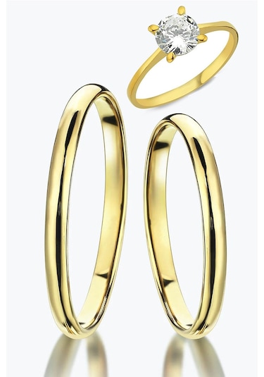 2Mm Bombeli Altın Kaplama Gümüş Alyans Çifti Tektaş Hediye Wr86