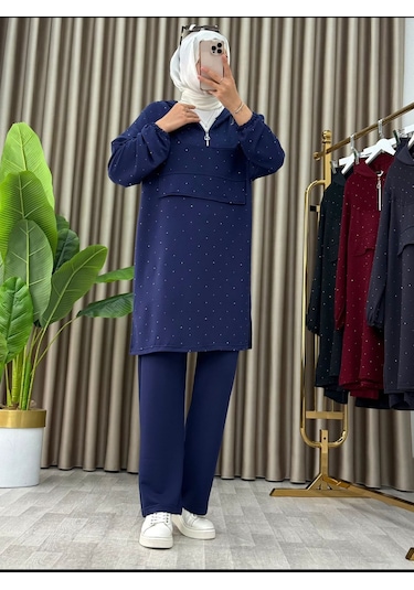 Taş Detaylı Kapüşonlu Fermuarlı İkili Tunik Takım Lacivert