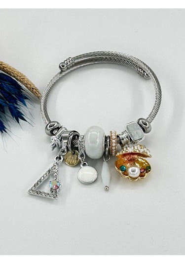 Bhs Life Kadın Charmlı Pembeli Beyaz İstiridye İncili Çelik Bileklik