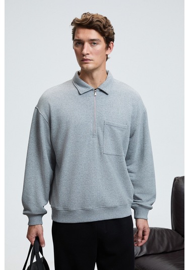 AUGUST Erkek %100 Pamuk Yarım Fermuarlı Yakalı Cepli Süs Etiketli Grimelanj Sweatshirt