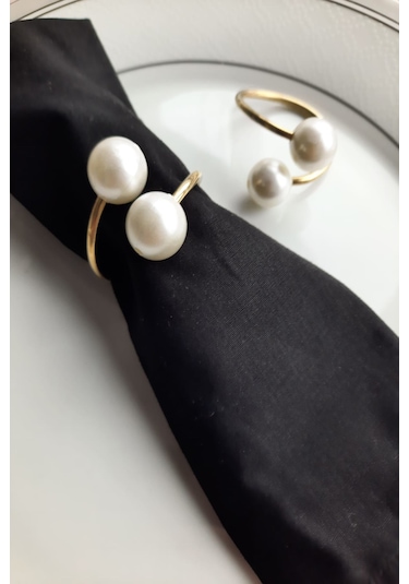 6 Adet Gold Metal Halkalı Krem Incili Peçete Yüzüğü