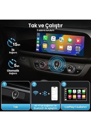 Bix Cb01 2.4g/5g Wifi Carplay Android Auto Kabloludan Kablosuza Çevirici Usb Adaptör Siyah Diğer