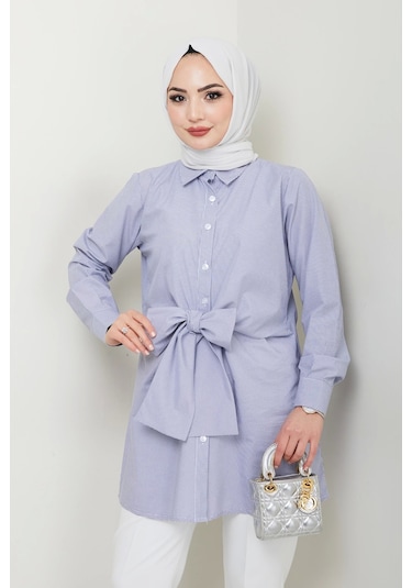 Nevayla Moda Çizgili Poplin Bağlamalı Gömlek - Lacivert / Ü103 Lacivert
