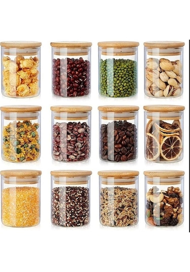 Qerhome 12 Adet Bambu Kapaklı Borosilikat Cam Kavanoz Mini 200 Ml Kaşıklı ŞEffaf