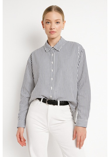Kadın Çizgili Oversize Gömlek Antrasit Beyaz Pamuk Gömlek Antrasit