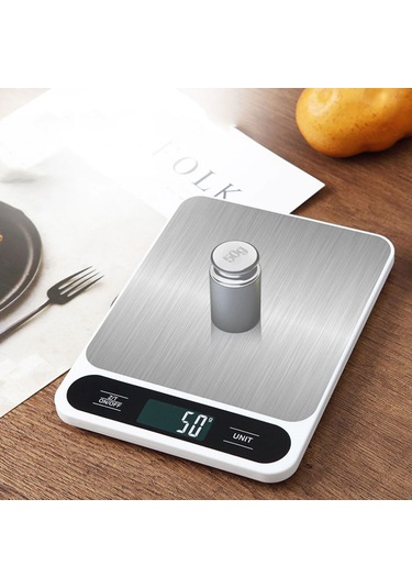 Kangvka Beyaz 5kg Pil İle Çalışan Mutfak Terazisi - Paslanmaz Çelik Tepsi Ve Büyük Lcd Ekran Beyaz