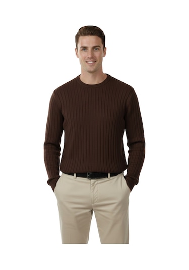 Deepsea Erkek Kahve Rahat Kalıp Çizgi Dokulu Triko Kazak Şık & Modern Tasarım 2605432 Kahve