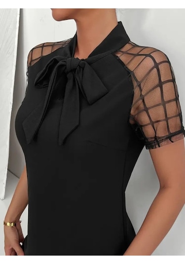 Kadın Kısa Kollu Boyundan Bağlamalı Omuzlarda Tül Detaylı Janjan Krep Elbise Siyah