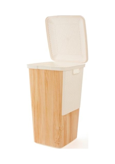 Qutu Ahşap Görünümlü Çamaşır Sepeti - Beyaz - 55 Lt Beyaz