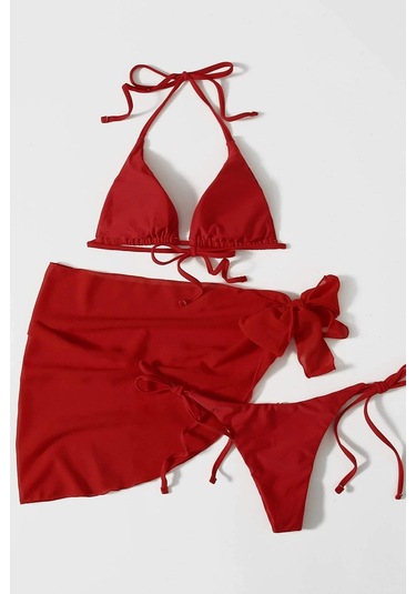 Angelsin Pareolu Bağlamalı 3'lü Bikini Takım Set Çıkartılabilir Kaplı Kırmızı