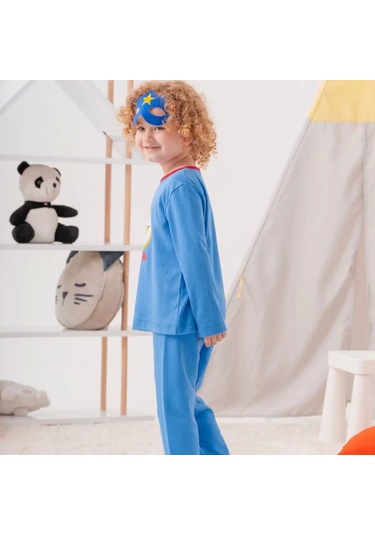 Heros Desenli Çanta Ve Maskeli % 100 Pamuk Erkek Çocuk Pijama Takımı Mavi