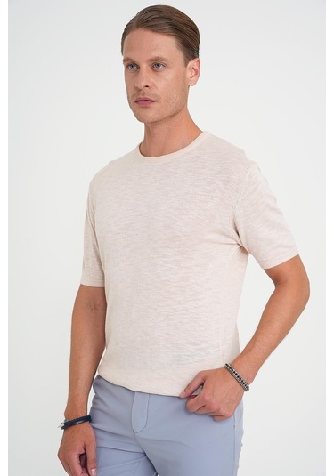 Comfort Fit Bisiklet Yaka Kısa Kol Spor Bej Triko Tr 881 Bej