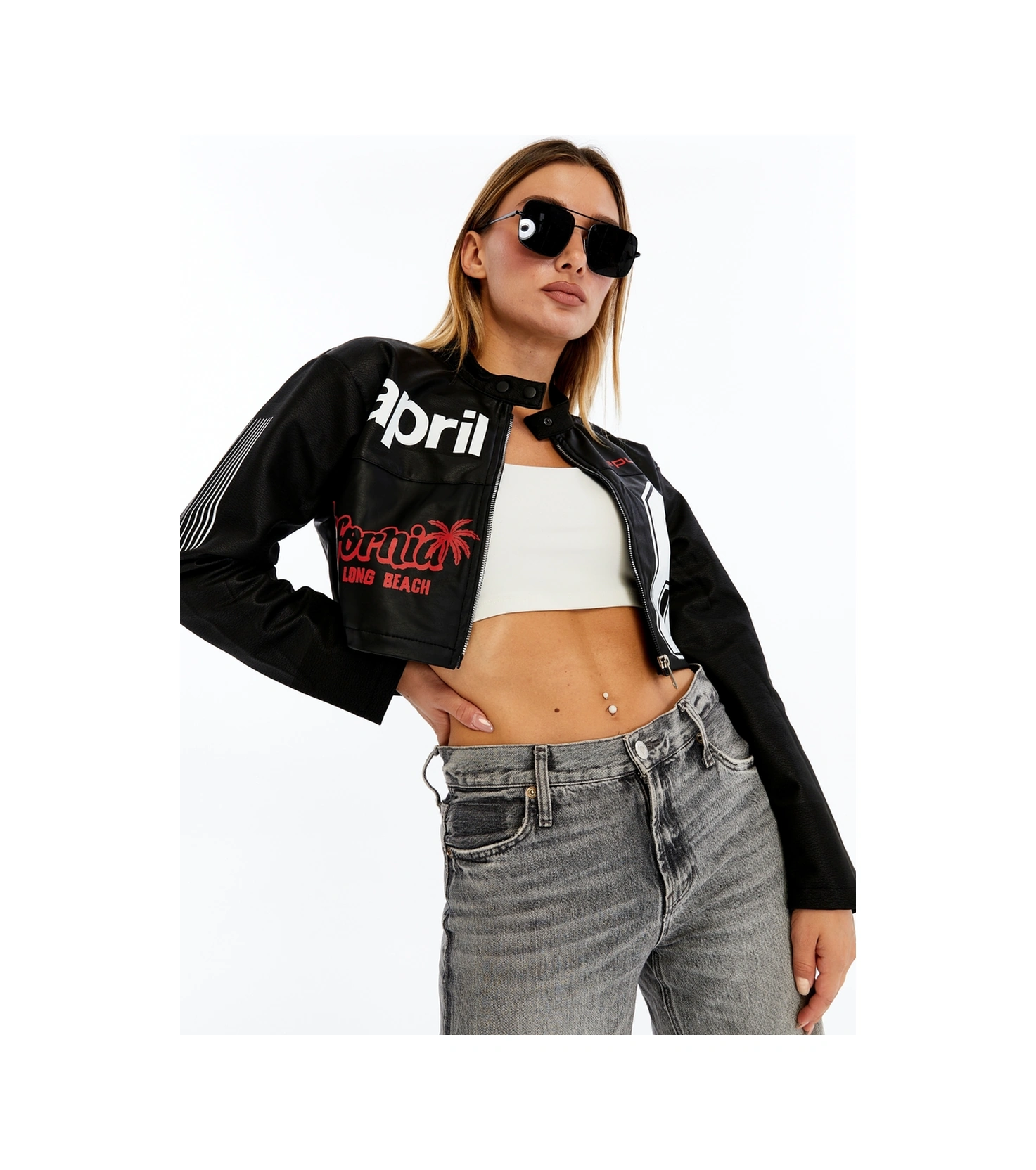 Kadın Crop Deri Ceket Renkli Baskılı Motorcu Stil Mont - Kısa Ceket Çok Renkli Mont - Hakim Yaka Siyah