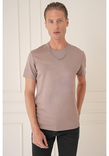 Comfort Fit Bisiklet Yaka Esnek Pamuk Casual Koyu Bej Tişört Ts 885 Bej