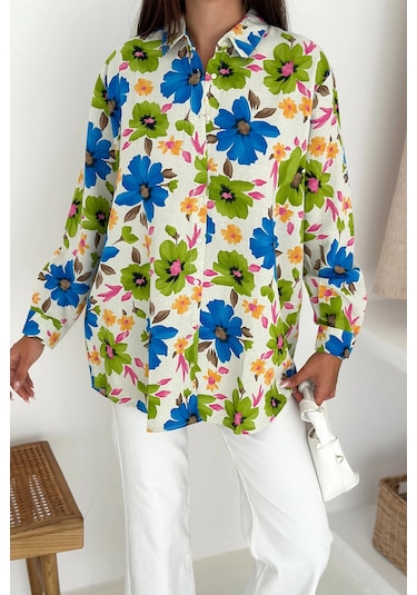 Çiçek Desenli Keten Gömlek DESENLI