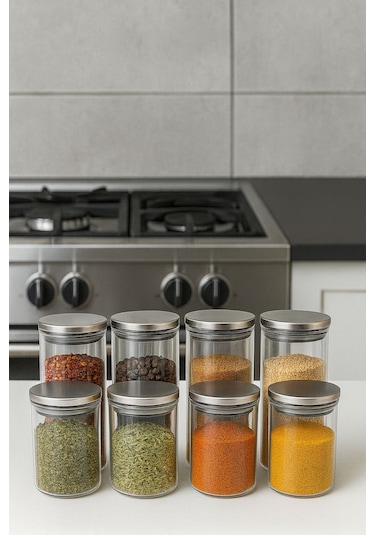8 Lı Baharatlık Setı 70 X 100-70 X 160 Metal Kapak-cam Baharatlık-borosilikat Beyaz