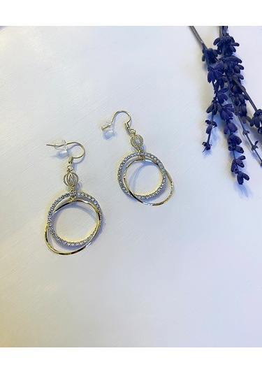 Kadın Gold Detay Taşlı Tasarım Model Sallantılı Çelik Küpe Gold