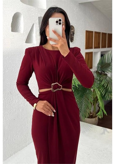 Neşeli Butik Kadın Bel Dekolteli Toka Detaylı Uzun Kollu Elbise Nbmy3655 Bordo