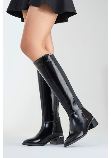 Rochos Siyah Rugan Streç Detaylı Hakiki Deri Kadın Çizme SİYAH RGN
