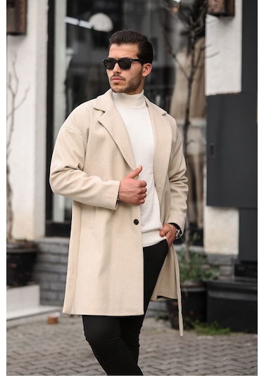 Mero Life Erkek Bej Kemerli Oversize Rahat Kesim Kaşe Kaban Bej