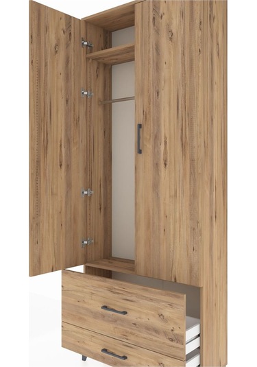 Arges Dolap 2 Raflı 2 Çekmeceli Tek Askılı 88x30x221 Çam-çam Çam