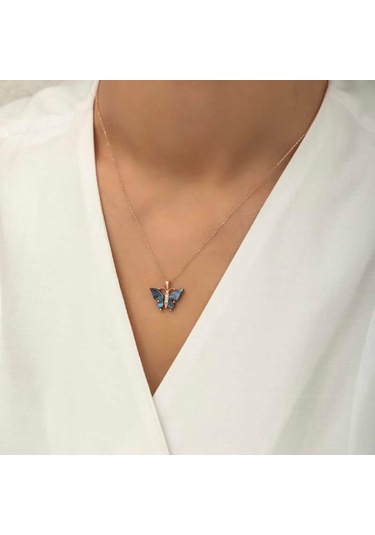 Gümüş Antrasit Kaplangözü Taşlı Kelebek Kolye (523461840)