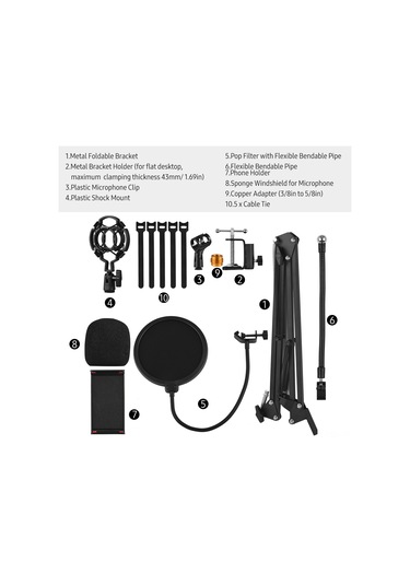 Samdoo Siyah Çok Amaçlı Masaüstü Mikrofon Stant Seti - Katlanabilir, Ayarlanabilir, Mikrofon Tutucu, Anti-pop Filtresi Ve Telefon Tutucu Dahil