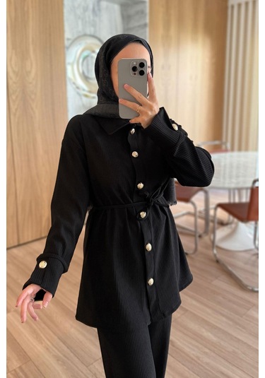 Gold Düğme Detaylı Fitilli Takım - Siyah Siyah