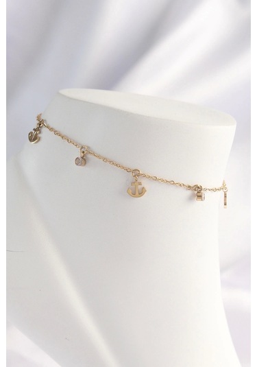 Ceylan Adam 316l Çelik Gold Renk Zirkon Taşlı Minimal Çapa Tasarımlı Halhal Çok Renkli