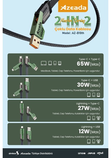 Azeada AZ-B10TH 65 W 2'in2 4'Lü Hızlı Şarj Kablosu 1.5 MT