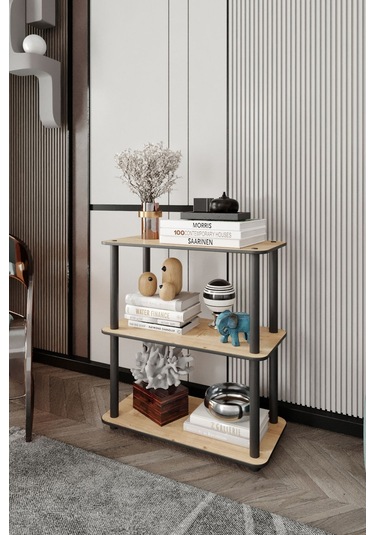 3 Katlı Dekoratif Diktörtgen Kitaplık Meşe Meşe