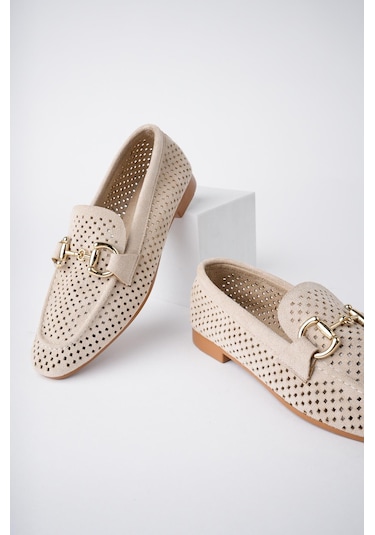 Muggo Phuket Garantili Metal Tokalı Lazerli Nefes Alabilen Deri Kadın Loafer Günlük Ayakkabı Bej
