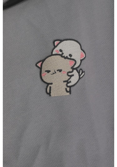 Luess Unisex Çocuk %100 Pamuklu Kedi Nakışlı Kışlık Hırka -gri 3-4 Yaş 8-9 Yaş Gri