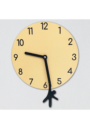 Cajuart Sarı Yelkovandan Sallanan Adam Modern Tasarım Ahşap Duvar Saati Çok Renkli