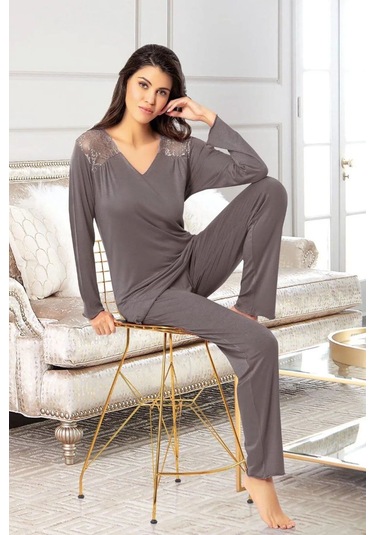 Faal 8618 Kadın Uzun Kollu Dantel Detaylı Pijama Takımı-füme Füme