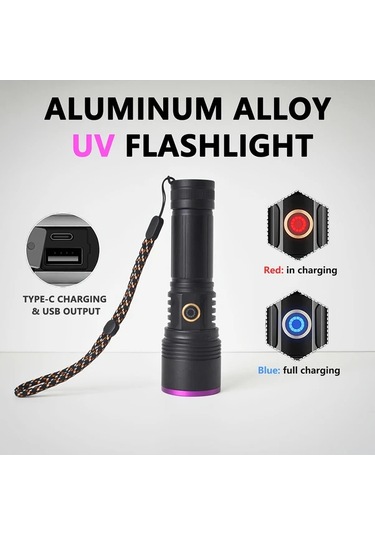 Cordial 1 Adet Profesyonel 365nm Uv El Feneri Siyah Alüminyum Alaşım Sebze Algılama Taşınabilir Yüksek Güçlü Led Şarj Edilebilir 26650 Pil Floresan Algılama Ideal Hediye Siyah