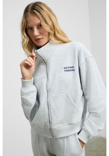 Grımelange Torına Kadın Nakış Detaylı Fermuarlı Çift Cepli Relax Grimelanj Ceket Grimelanj