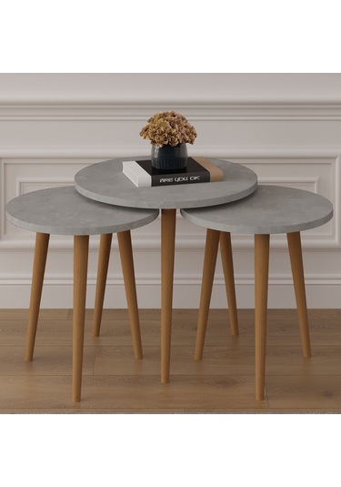 3 Lü Yuvarlak Zigon Sehpa Ahşap Ayaklı-sehpa01-retro Gri