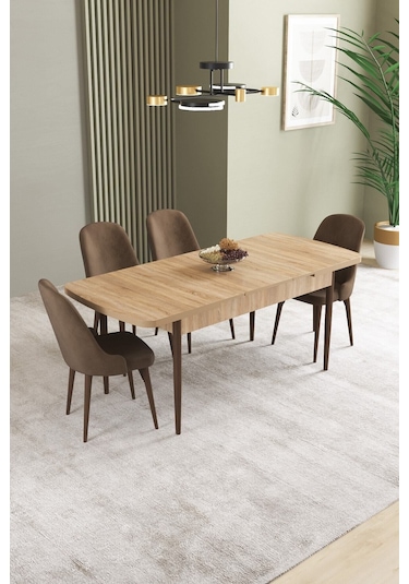 Ikon Meşe Desen 80x132 Mdf Açılabilir Mutfak Masası Takımı 4 Adet Sandalye Kahverengi