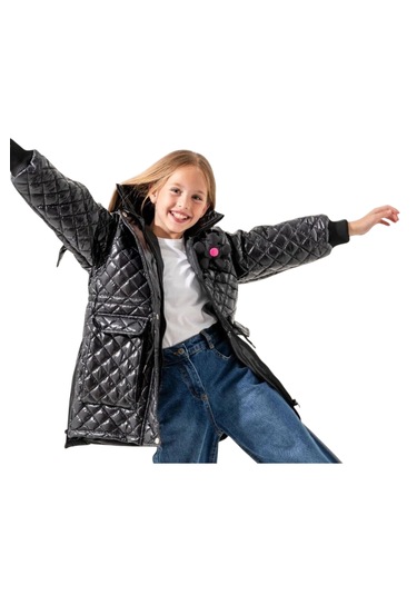 Kız Çocuk Kapitone Model Kapüşonu Çıkabilen İçi Astarlı Etek Kısmı Fermuarlı Parlak Siyah Renk Mont Siyah