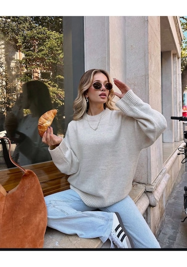 Kozia Outdoors Bisiklet Yaka Oversize Triko Kazak Bej