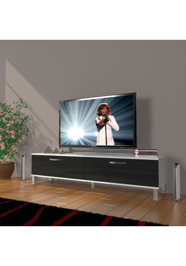 Decoraktiv Eko 140 Mdf Std Krom Ayaklı Tv Ünitesi Tv Sehpası - Beyaz - Siyah Beyaz - Siyah