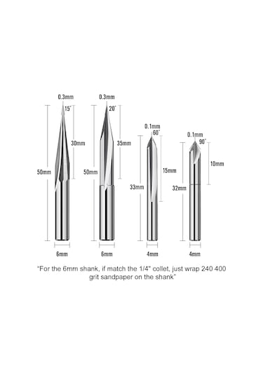 Xurunkeji Cnc Freze Uçları Seti 1/4 Sap, Gravür Ahşap Oyma Freze Ucu 6mm Ve 4mm, V-yiv, Profil Ucu, Tungsten Çelik - 4 Adet