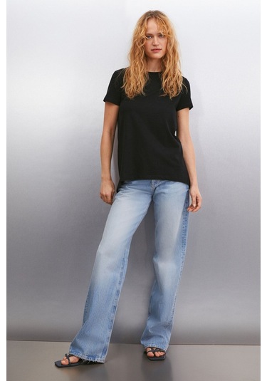 GRIMELANGE Samantha Kadın %100 Organik Pamuklu Comfort Fit Arkası Uzun Basic Örme Siyah T-shirt Siyah