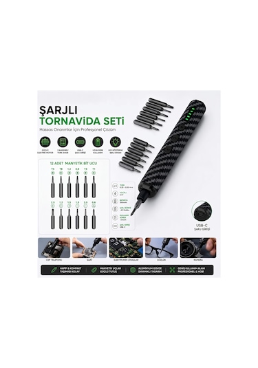 Profesyonel 12 Uçlu Şarjlı Hassas Tamir Tornavida Seti Type-c Elektrikli Mini Tornavida Telefon Saat Gözlük Uyumlu