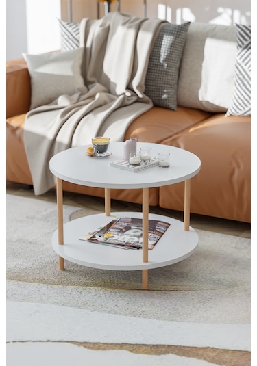 Yuvarlak Orta Sehpa Gazetelik Ahşap Ayaklı Sehpa -beyaz