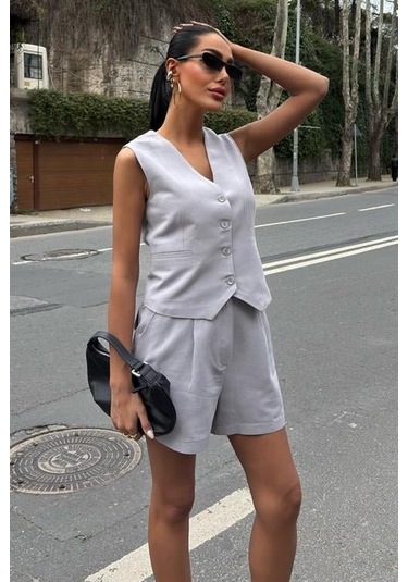 Yelek Şort Flamlı Keten Takım 10133-17 Gri