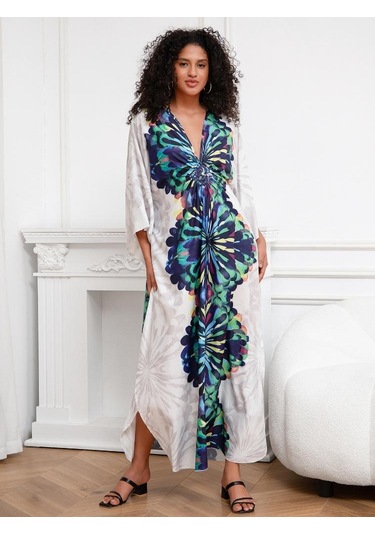 Edolynsa Beyaz Bohem Sabahlık Kaftan Ev Elbisesi Büyük Beden Ev Giyimi Nefes Alabilen Yazlık Hafif Ceket Mayo Üstü Q1289 Çok Renkli