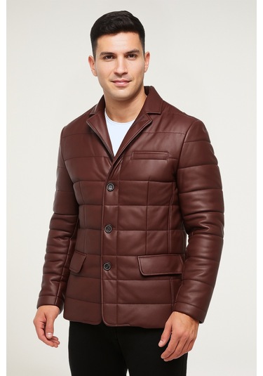 Derije Silva Hakiki Deri Erkek Tafta Bordo Şişme Blazer Ceket